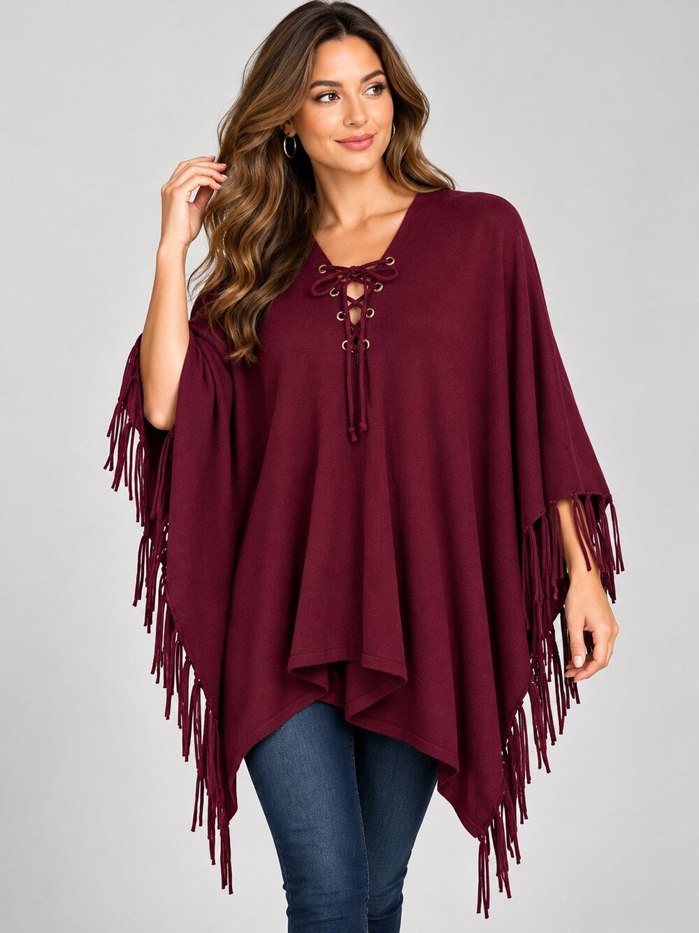 Chico's Burgundy Fringe Poncho Sweater OS Lace Up V Neck Boho Western Knit